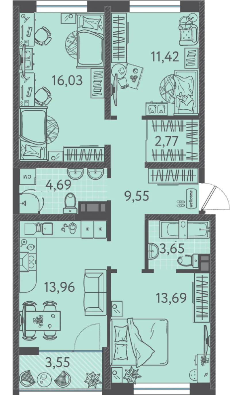 3-комн. 76.7 м²