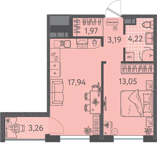 1-комн. 41 м²