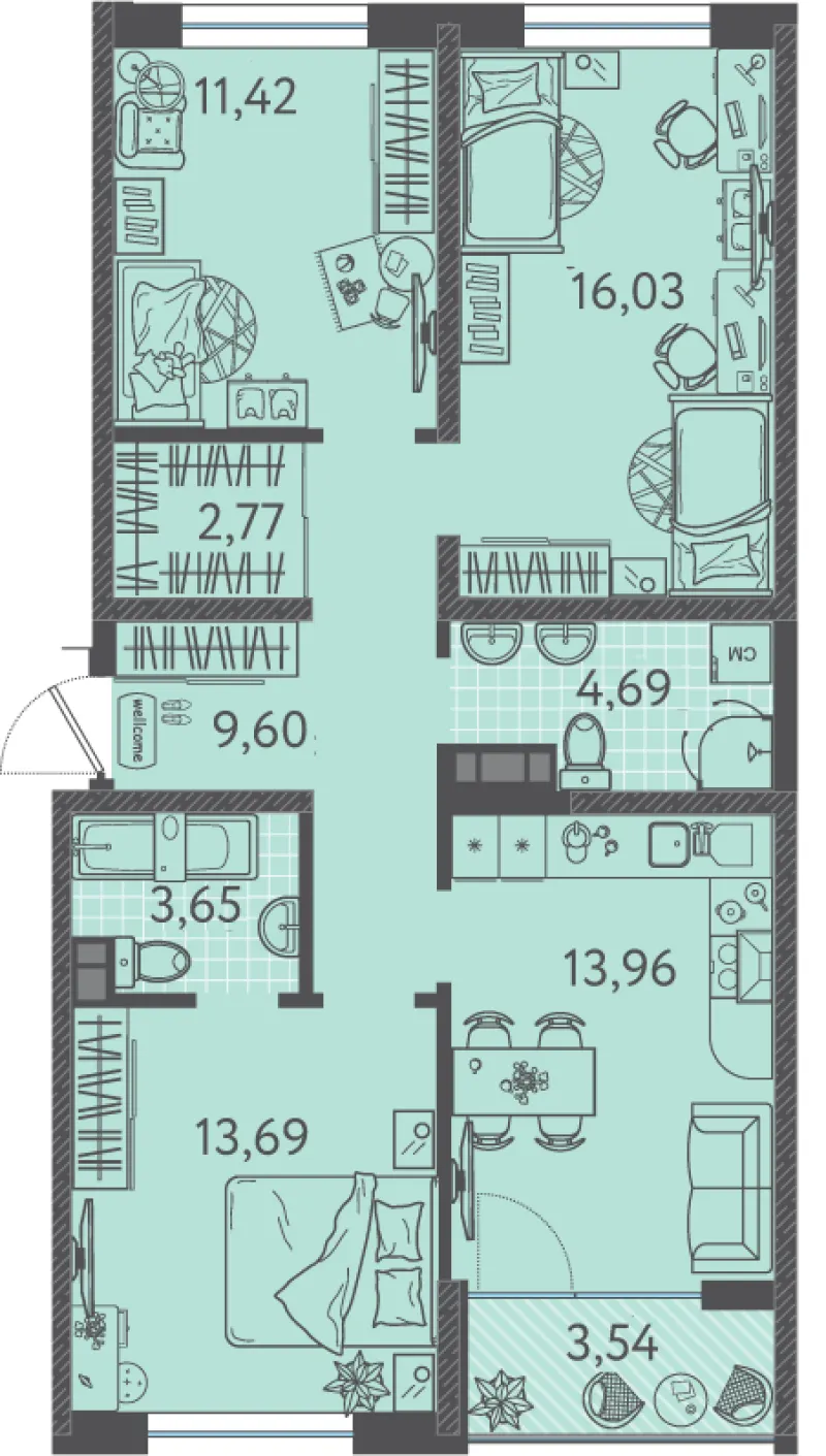 3-комн. 76.9 м²