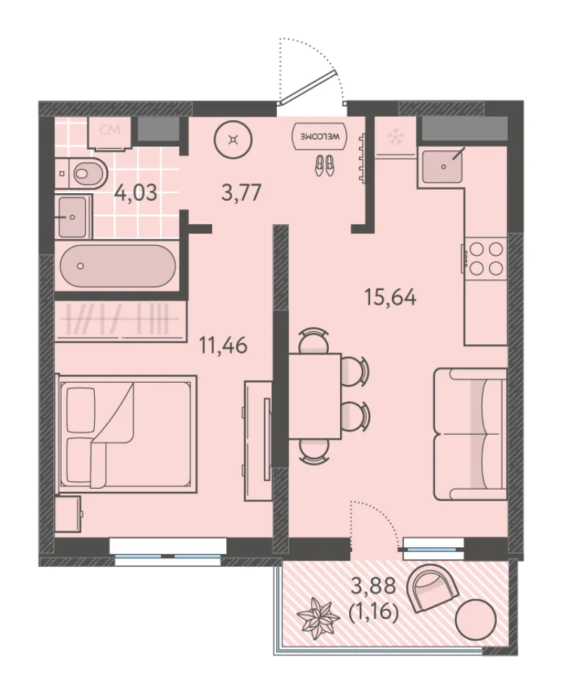 1-комн. 36 м²
