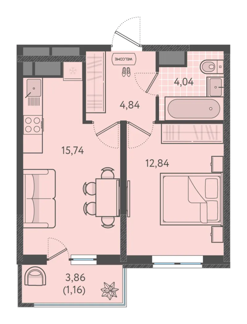 1-комн. 38.4 м²