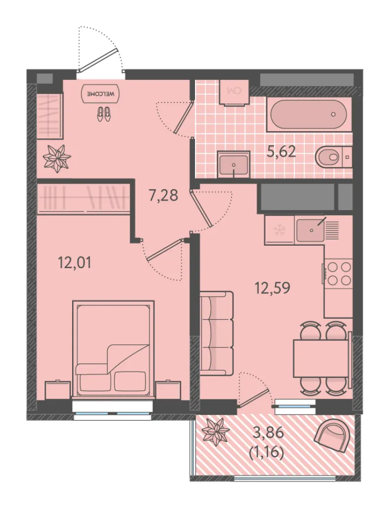 1-комн. 38.3 м²