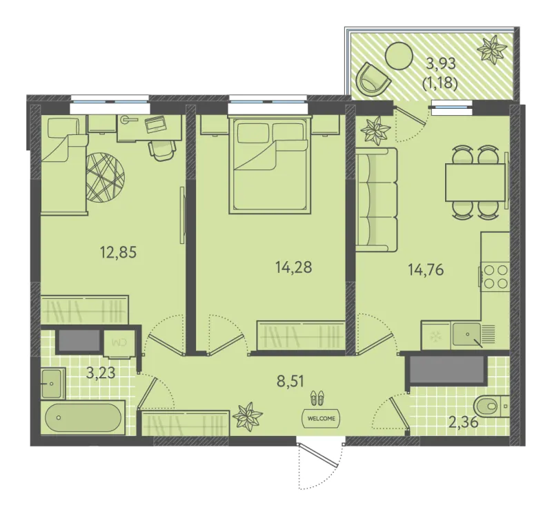 2-комн. 56.5 м²