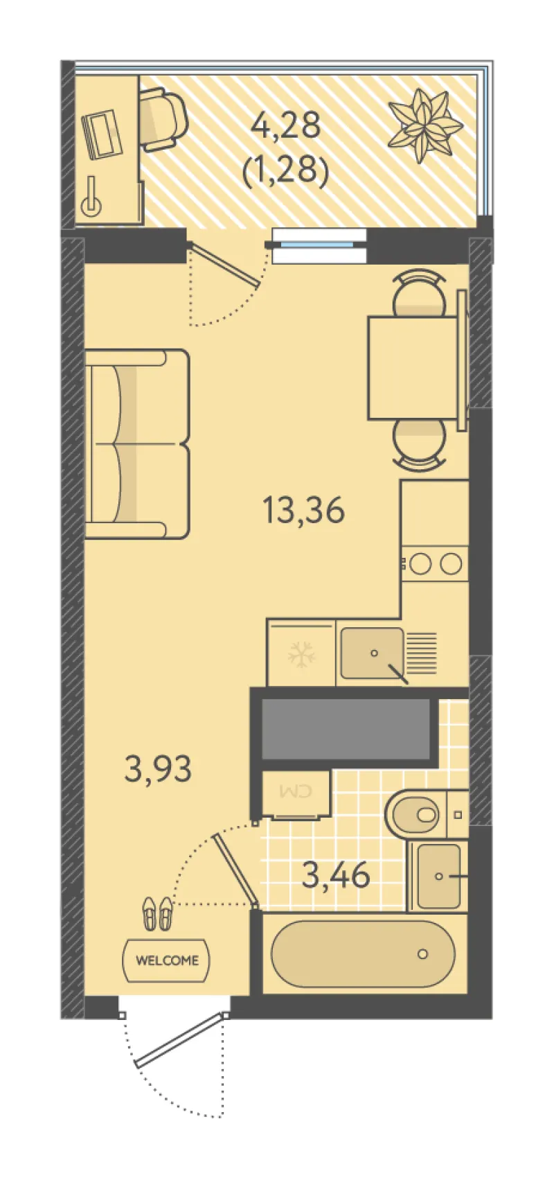 Студия 21.6 м²