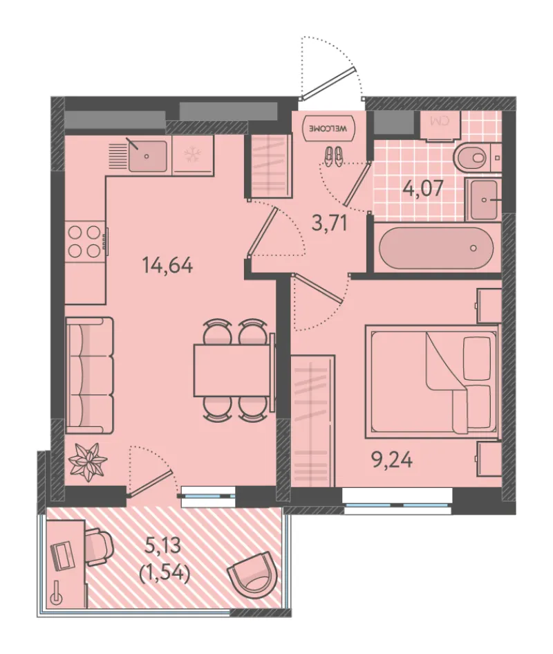 1-комн. 33.3 м²