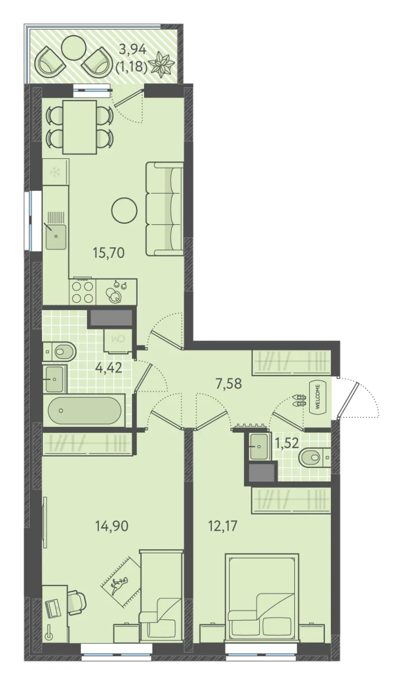 2-комн. 57.4 м²