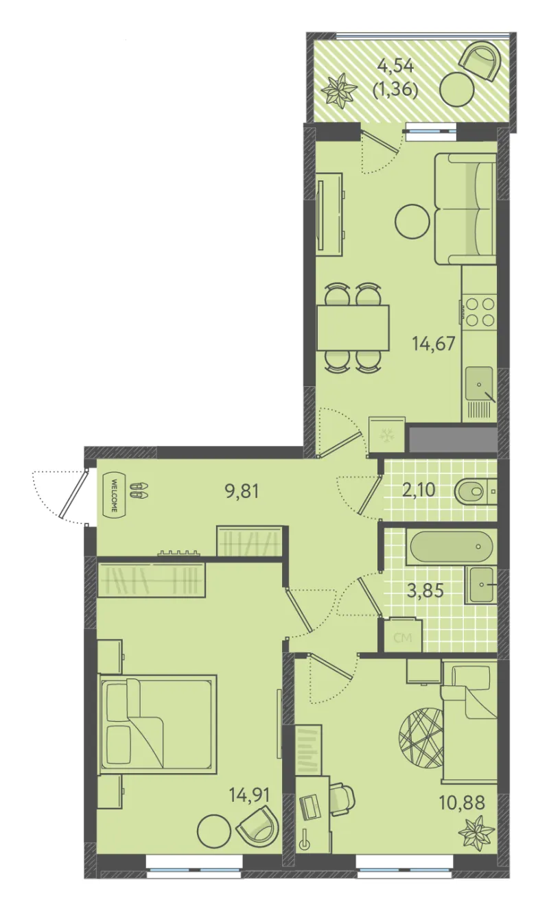 2-комн. 57.4 м²