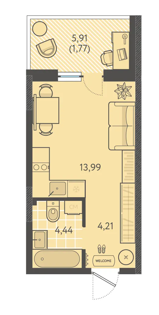 Студия 24.4 м²