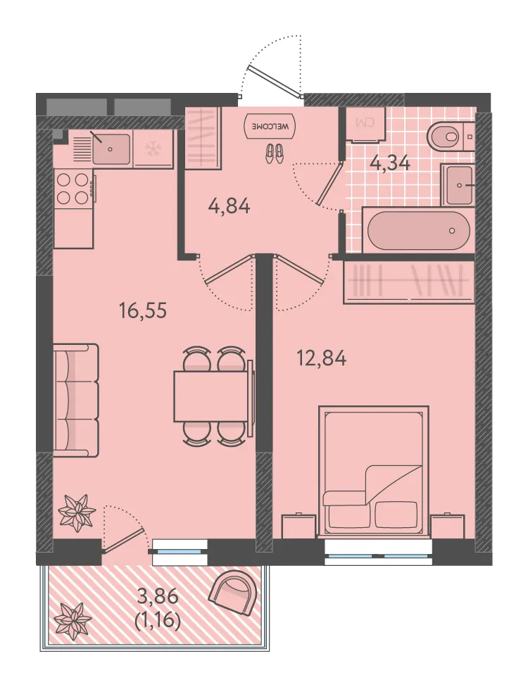 1-комн. 39.1 м²