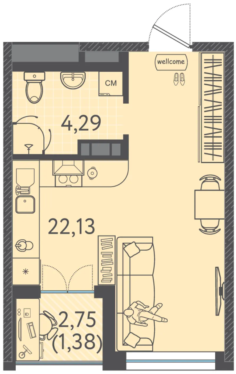 Студия 27.4 м²