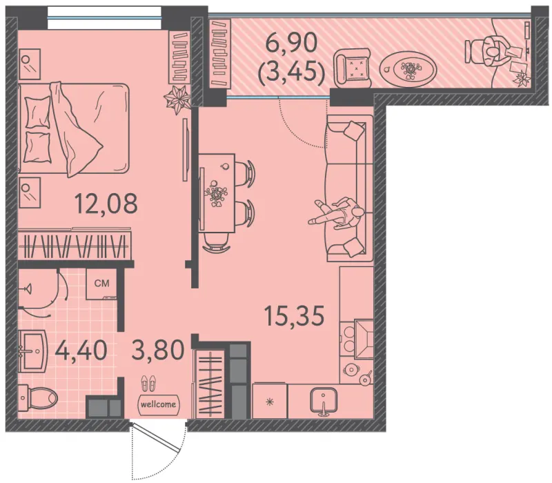 1-комн. 38.1 м²