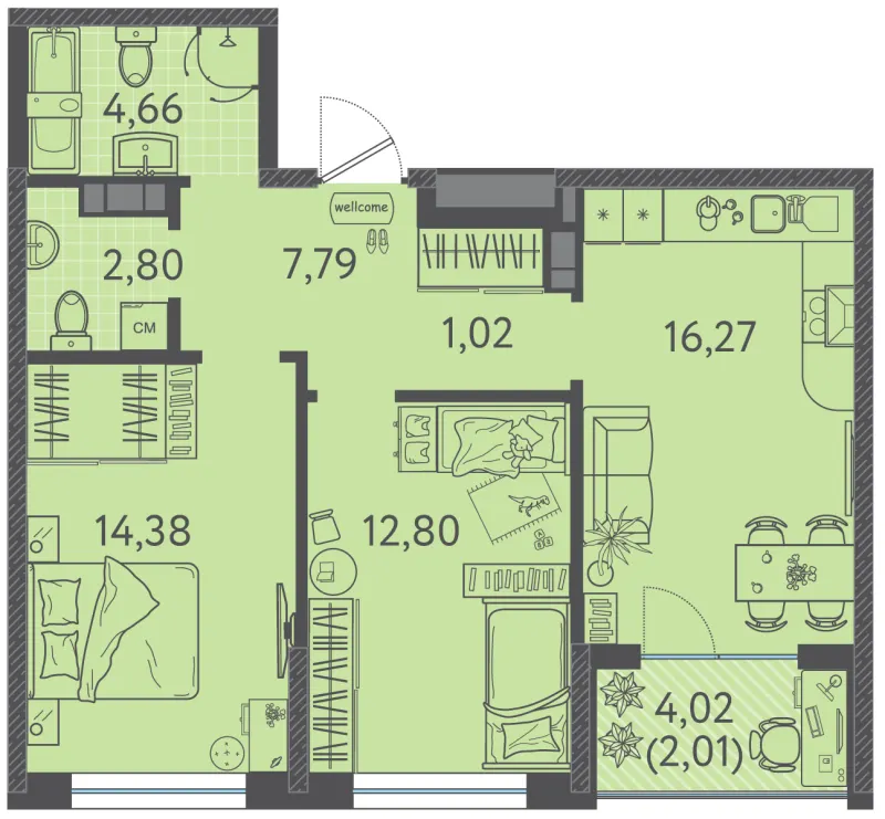 2-комн. 61.1 м²