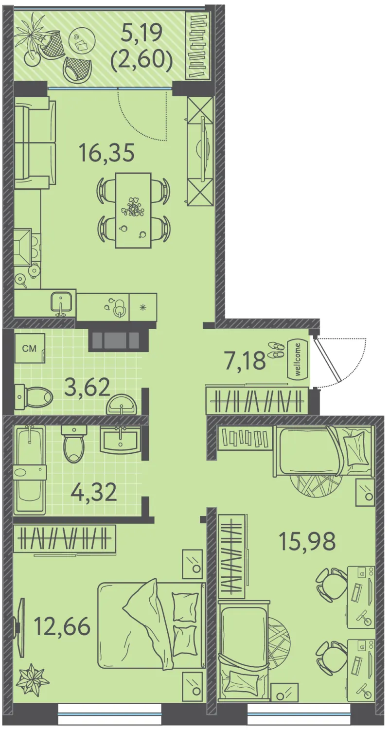 2-комн. 61.7 м²