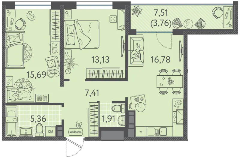 2-комн. 62.6 м²