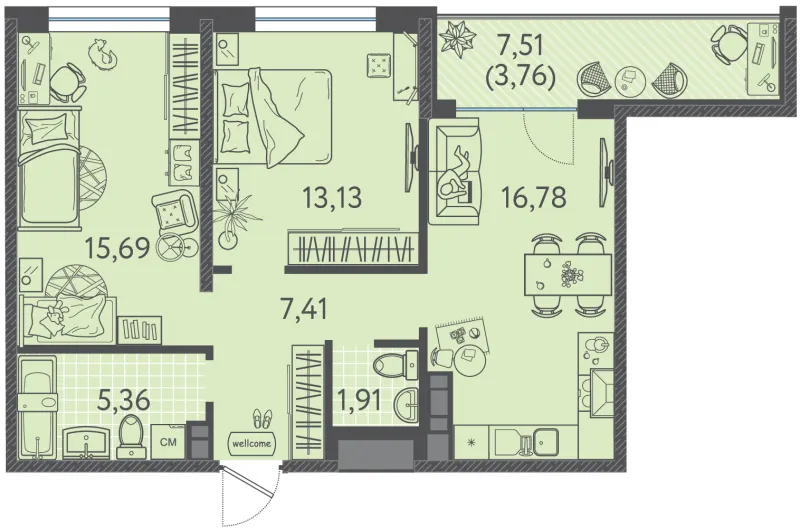 2-комн. 62.3 м²