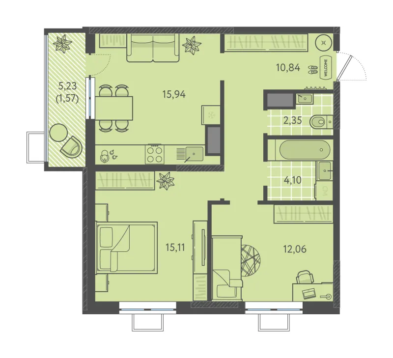 2-комн. 62 м²
