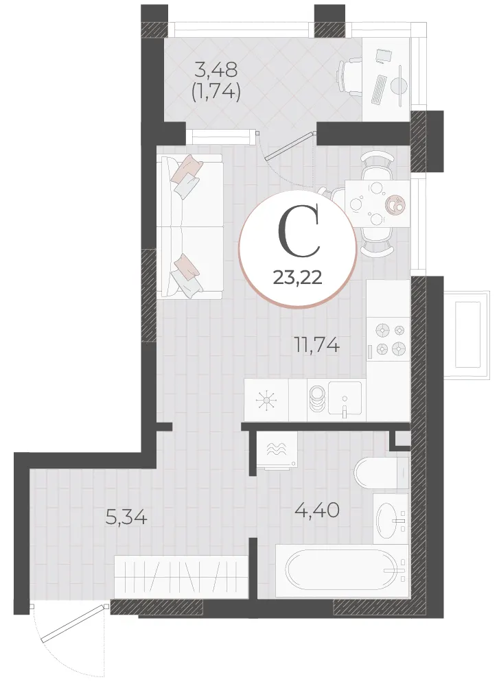 Студия 23.2 м²