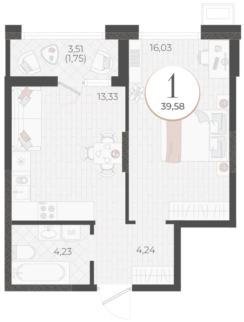 1-комн. 39.6 м²