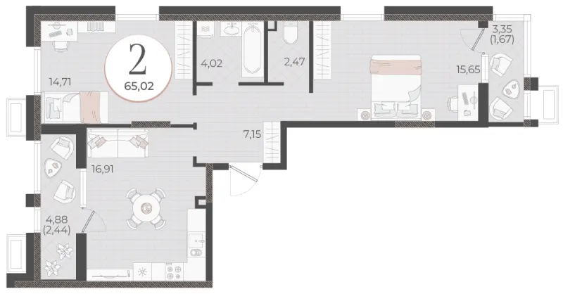 2-комн. 65 м²