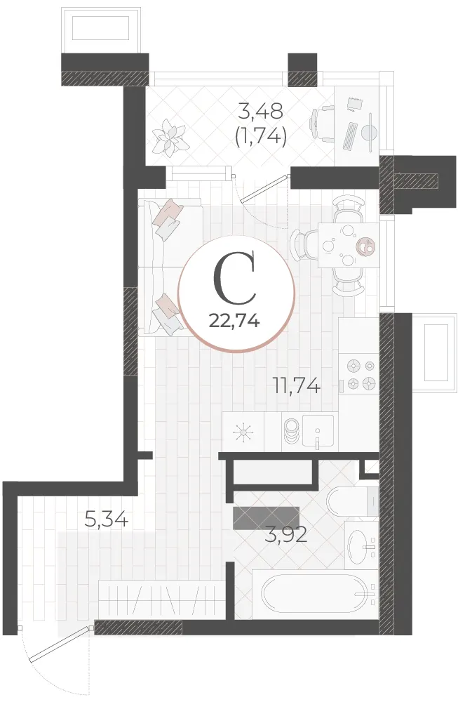 Студия 22.7 м²