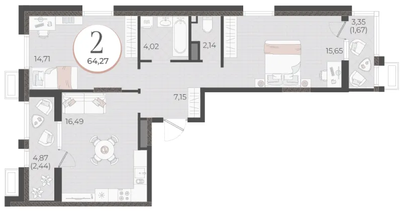 2-комн. 64.3 м²