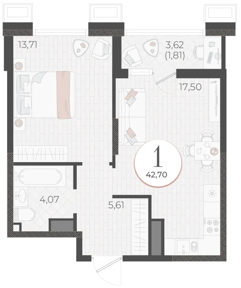 1-комн. 42.7 м²