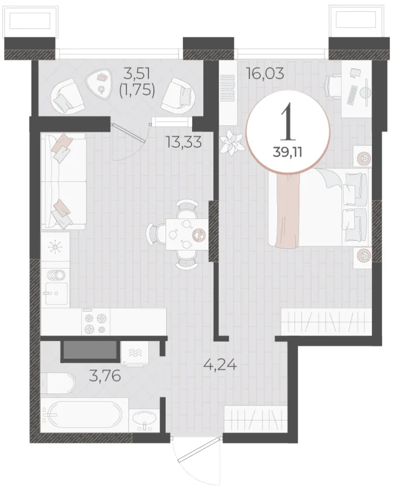 1-комн. 39.1 м²