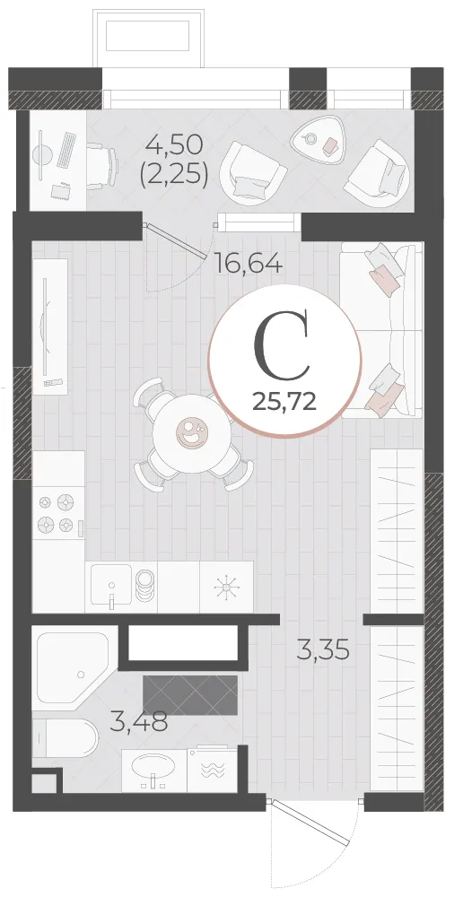 Студия 25.7 м²