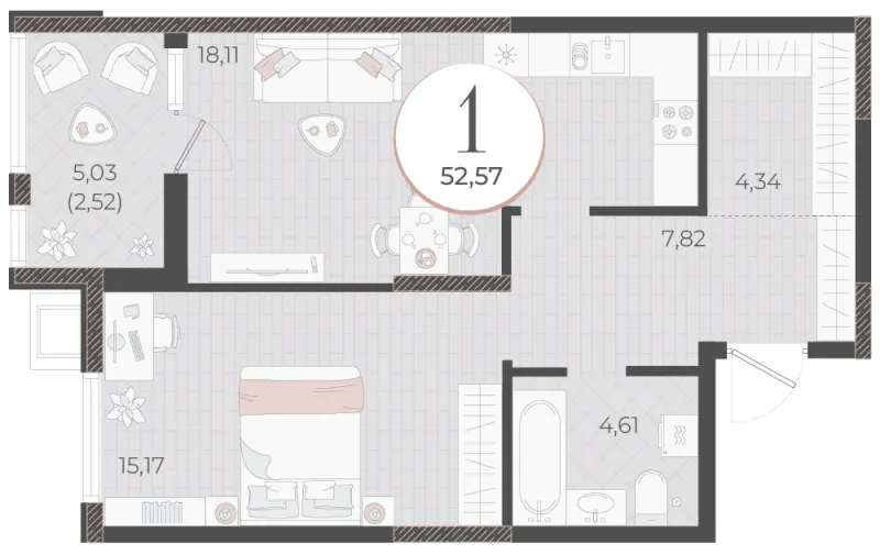 1-комн. 52.6 м²