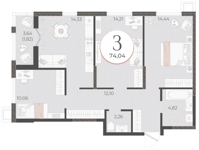3-комн. 74 м²