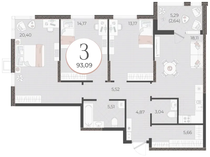 3-комн. 93.1 м²