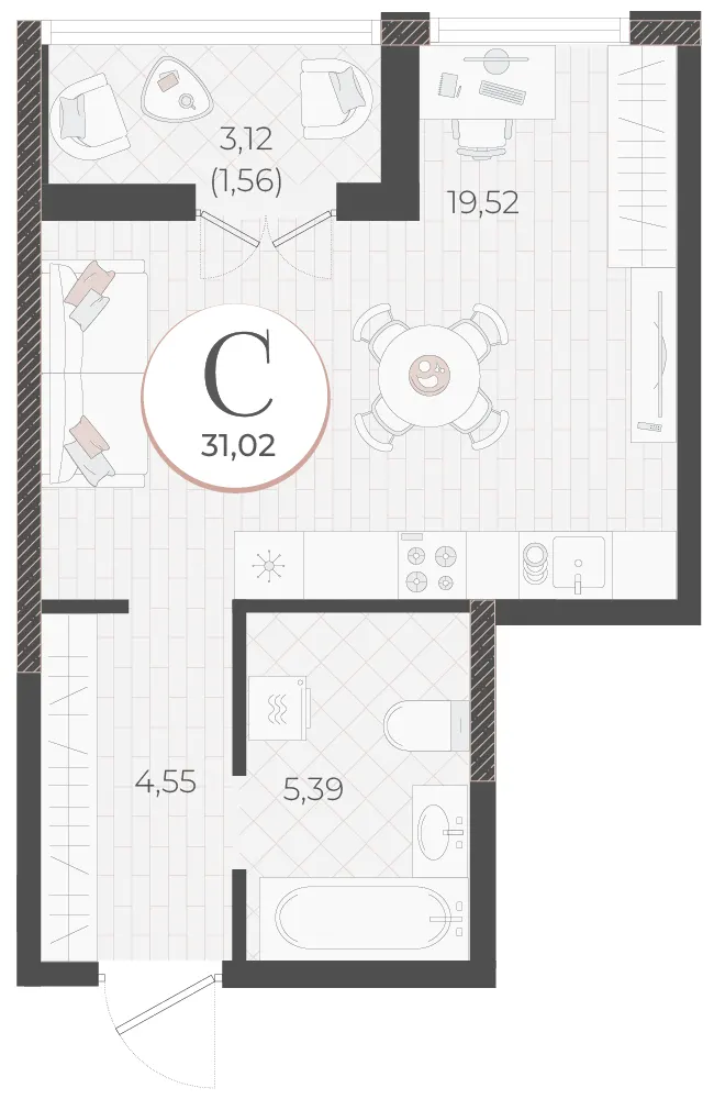 Студия 31 м²