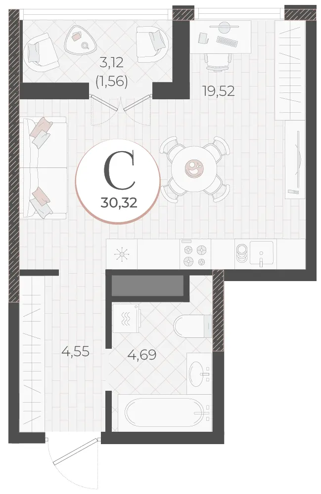 Студия 30.3 м²