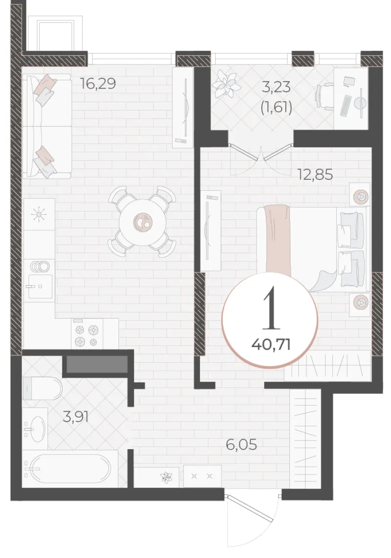 1-комн. 40.7 м²