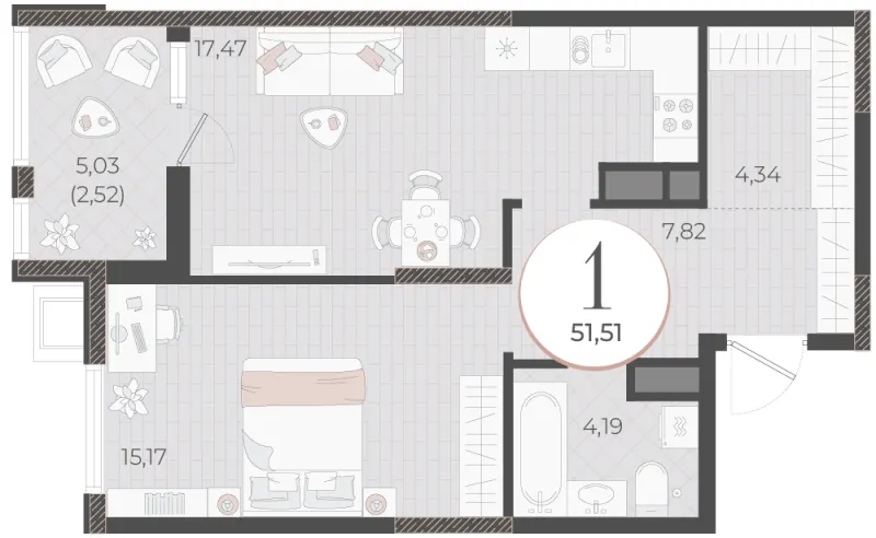 1-комн. 51.5 м²