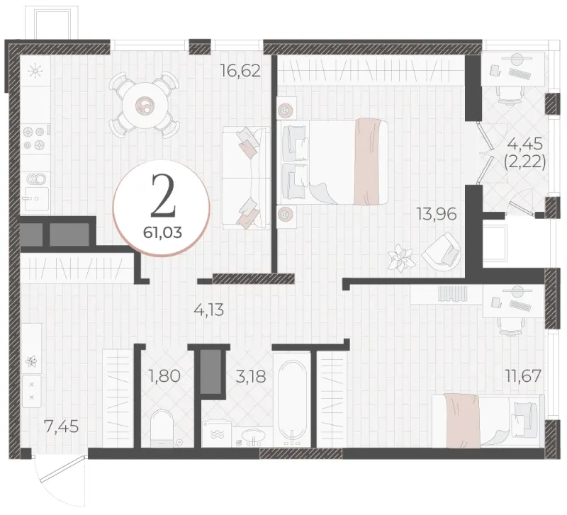 2-комн. 61 м²
