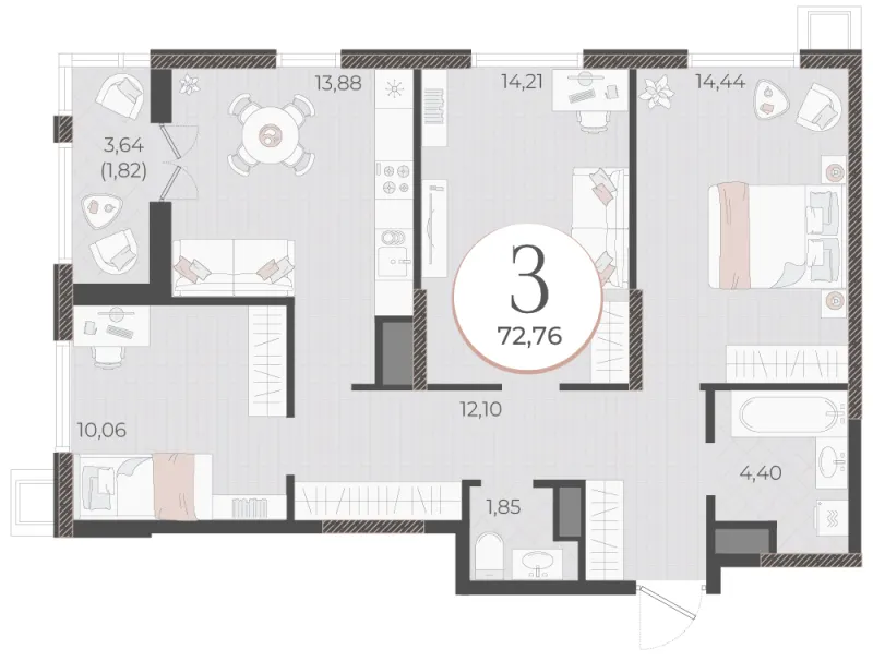3-комн. 72.8 м²
