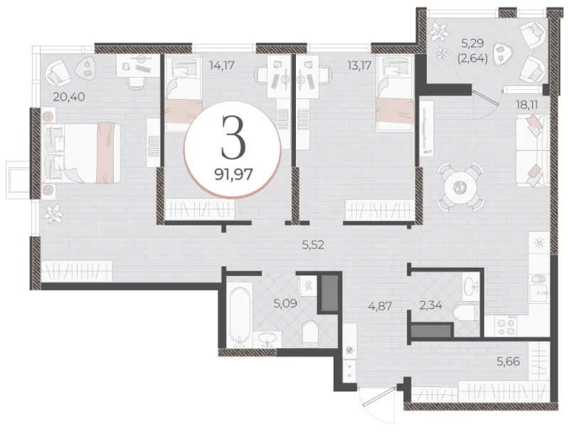 3-комн. 92 м²
