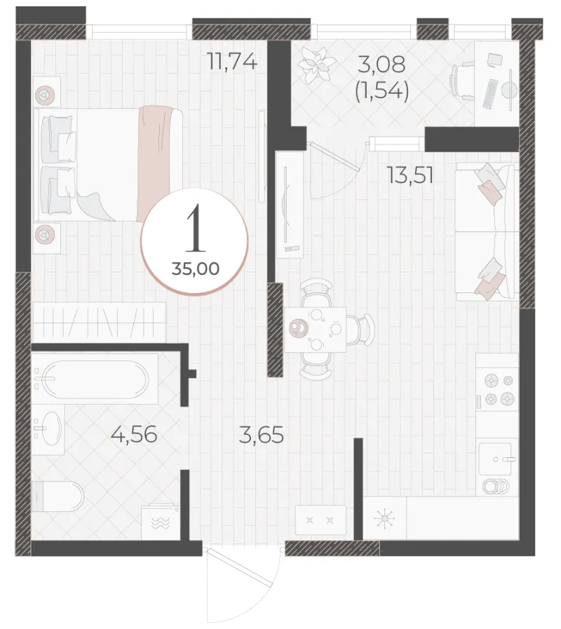 1-комн. 35 м²