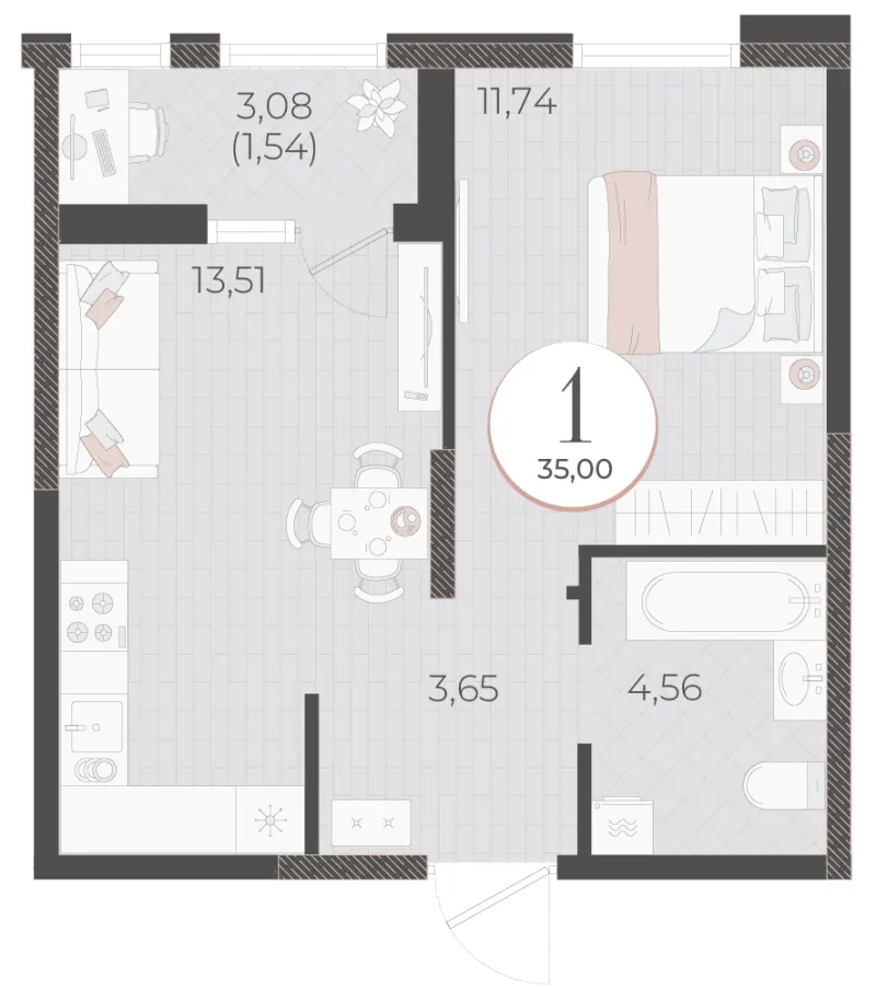 1-комн. 35 м²