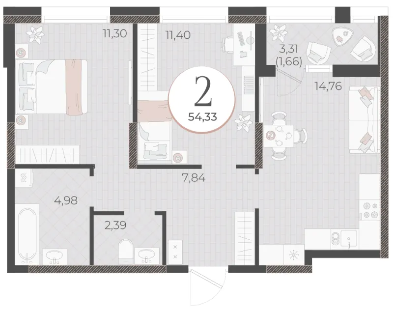 2-комн. 54.3 м²