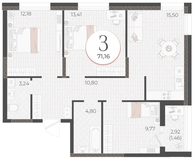 3-комн. 71.2 м²