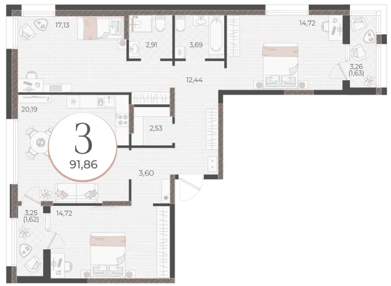 3-комн. 91.9 м²