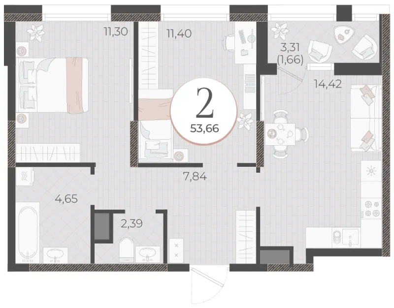 2-комн. 53.7 м²