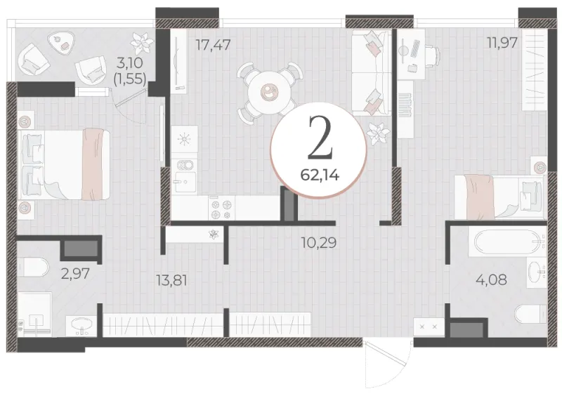 2-комн. 62.1 м²