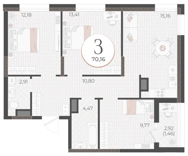 3-комн. 70.2 м²