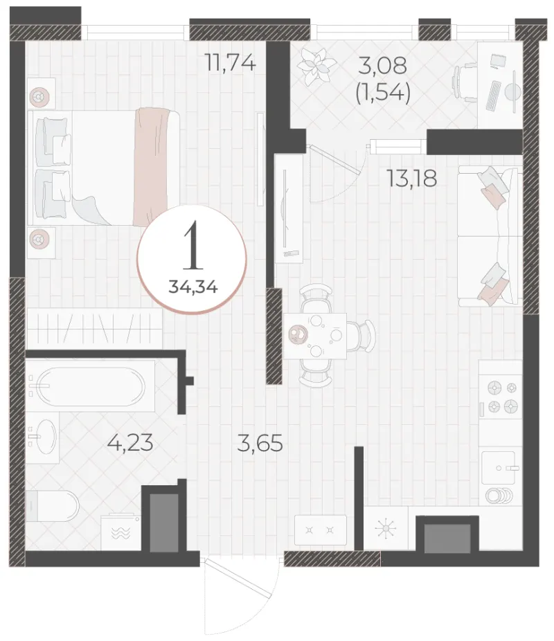 1-комн. 34.3 м²