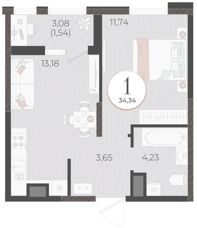 1-комн. 34.3 м²