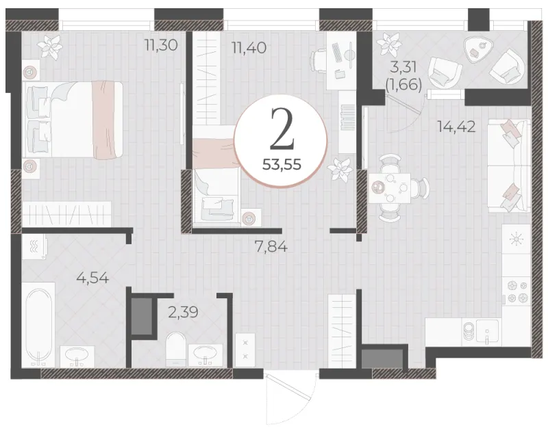 2-комн. 53.6 м²
