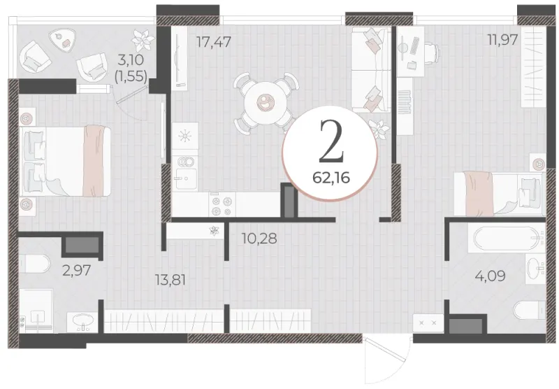 2-комн. 62.2 м²